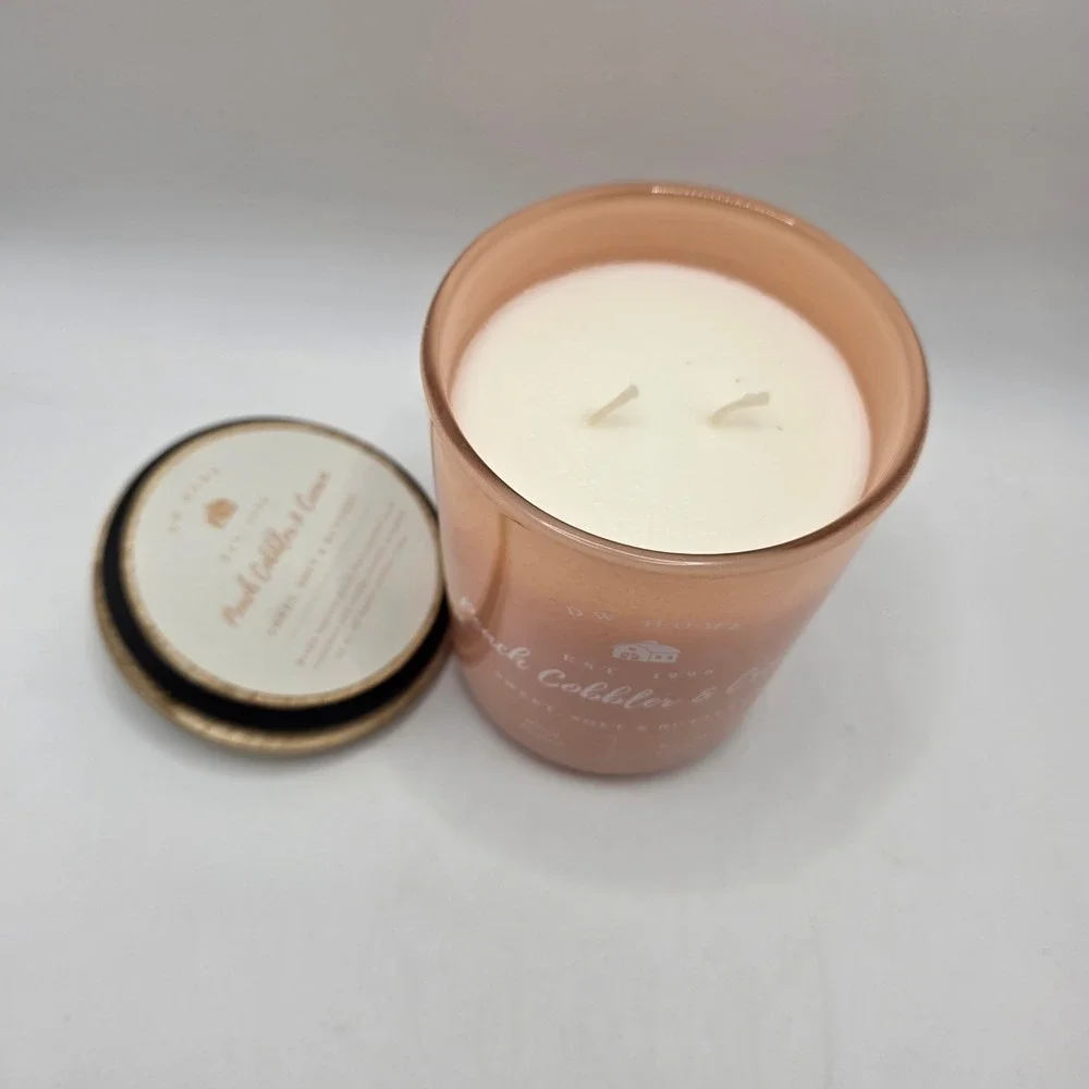 DW Home Peach Cobbler & Cream Scented Candle 15.1oz Wood Lid 2-Wick Farmhouse
